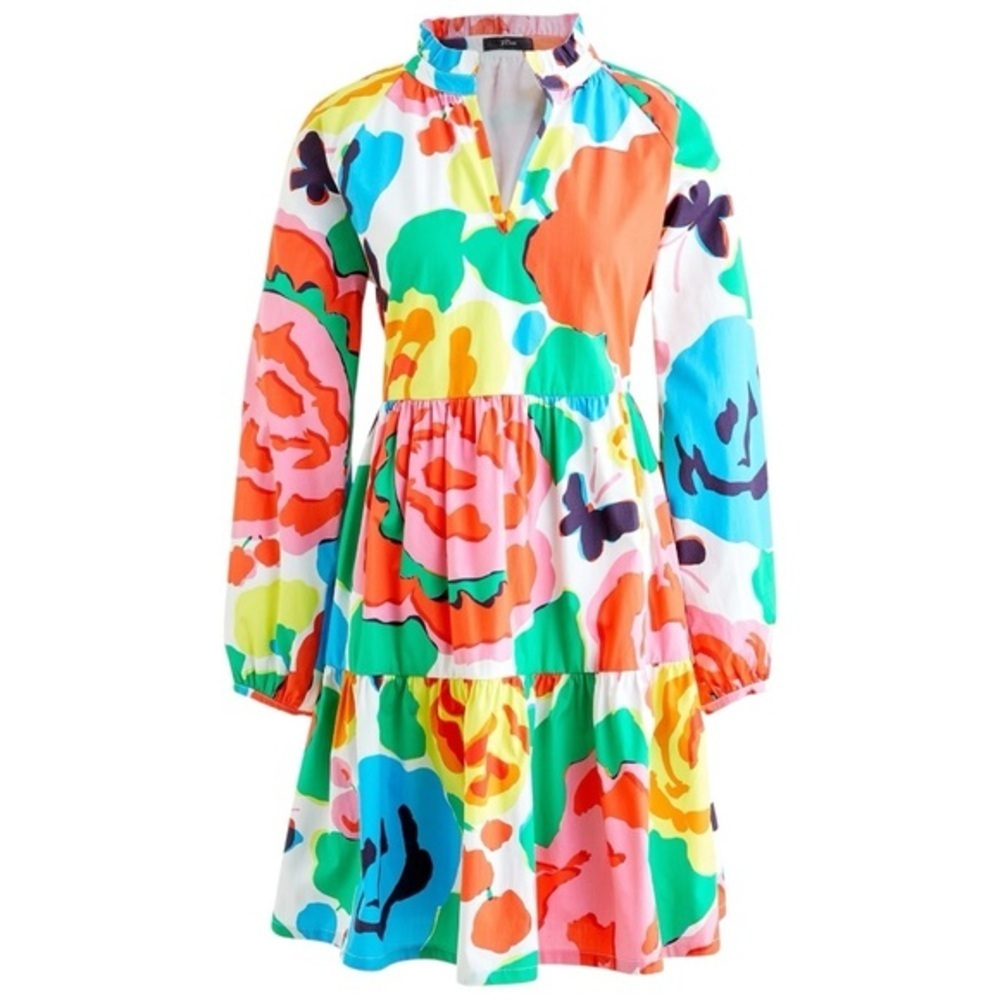 J. Crew Women’s Size XS Ratti Jardin Bright Floral Cotton Tiered Popover Dress - Picture 2 of 11